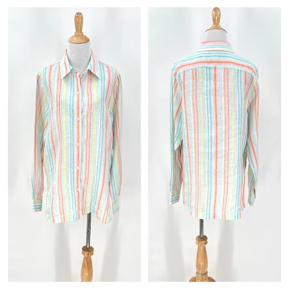 FACONNABLE Linen Button up Shirt Womens XL White Aqua Orange Striped Long Sleeve - Picture 1 of 12